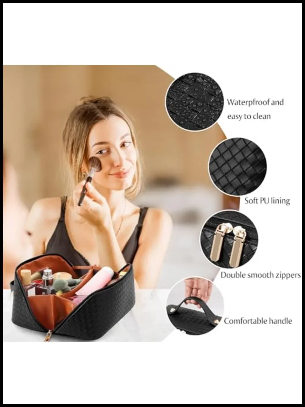 Large Capacity PU Leather Travel Cosmetic Bag with Dividers and Handle